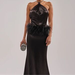 Sexy Black Backless Dress with Feather Detail